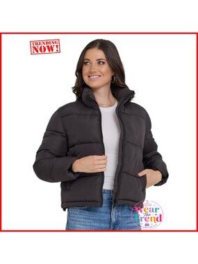 Cropped Puffer Jacket Hooded Quilted Warm Winter Coat for Women